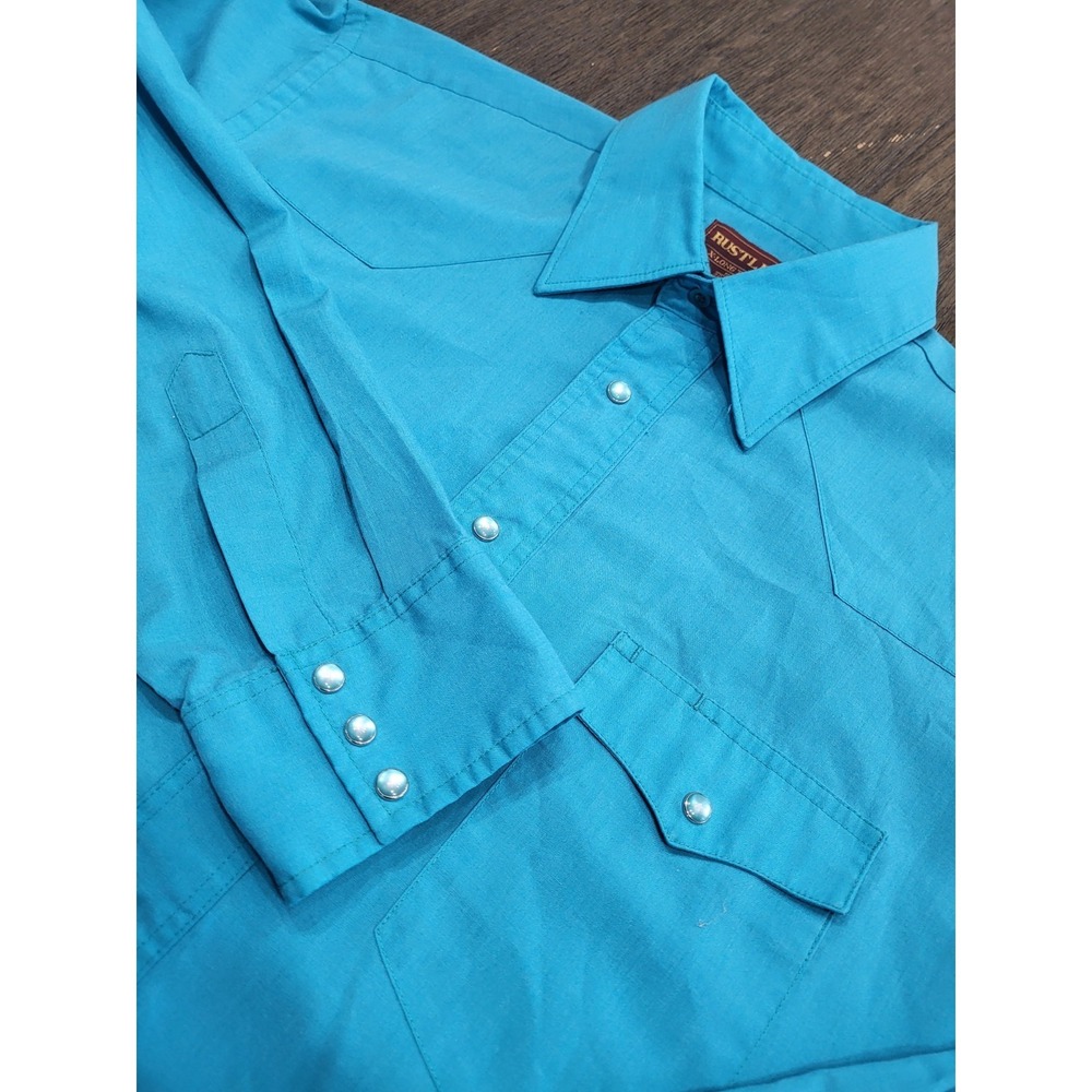 1980s Rustler Mens X-Long Tails Large Button Down Shirt Collared Pearl Snap Vtg